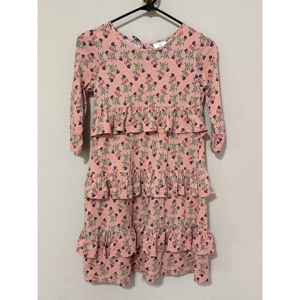 Hanna Andersson Tiered Ruffle Dress Girls 10 140 Pink Floral Berry Cotton LS